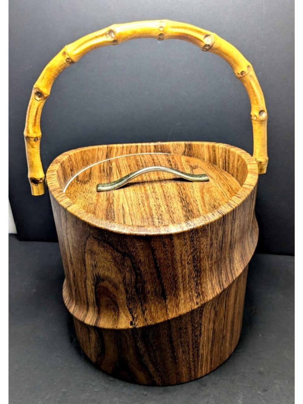 Vtg. Bamboo Handle Faux Wood Ice Bucket by Kraftware MCM Tiki Barware Kitch